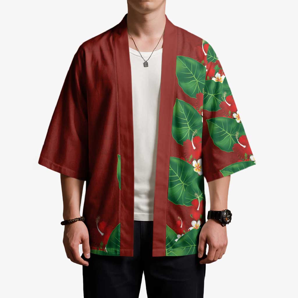 Hawaiian Taro Leaves-Hibiscus and Plumeria Kimono Polynesian Art-Kakau Tattoo Red LT03 - Polynesian Pride
