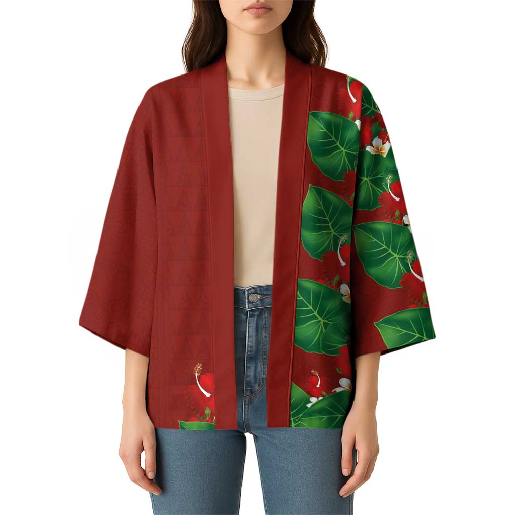 Hawaiian Taro Leaves-Hibiscus and Plumeria Kimono Polynesian Art-Kakau Tattoo Red LT03 - Polynesian Pride