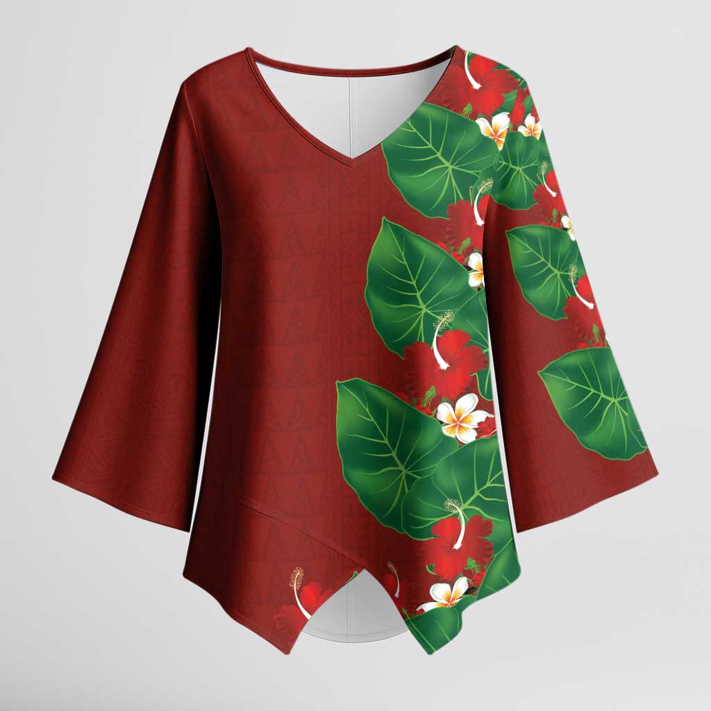 Hawaiian Taro Leaves-Hibiscus and Plumeria Kimono Sleeve Blouse Polynesian Art-Kakau Tattoo Red