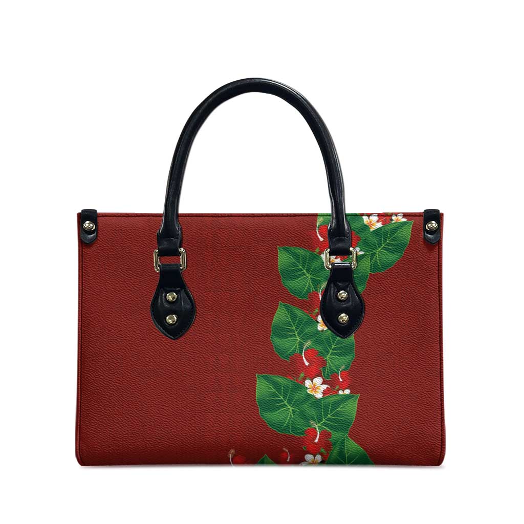 Hawaiian Taro Leaves-Hibiscus and Plumeria Leather Bag Polynesian Art-Kakau Tattoo Red LT03 - Polynesian Pride