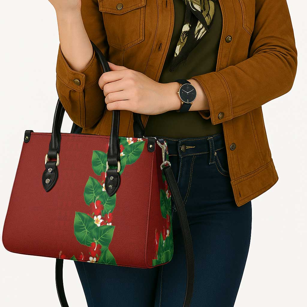 Hawaiian Taro Leaves-Hibiscus and Plumeria Leather Bag Polynesian Art-Kakau Tattoo Red LT03 - Polynesian Pride