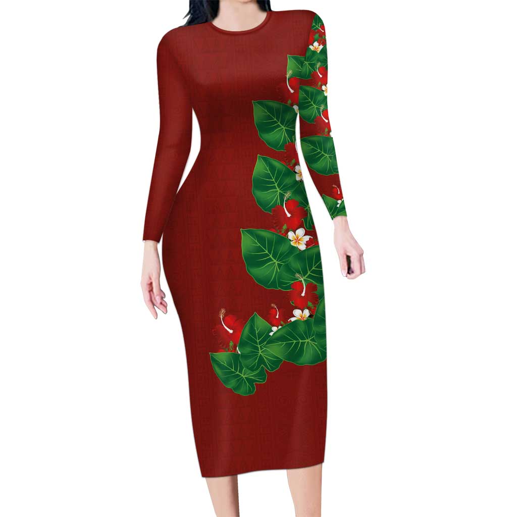 Hawaiian Taro Leaves-Hibiscus and Plumeria Long Sleeve Bodycon Dress Polynesian Art-Kakau Tattoo Red