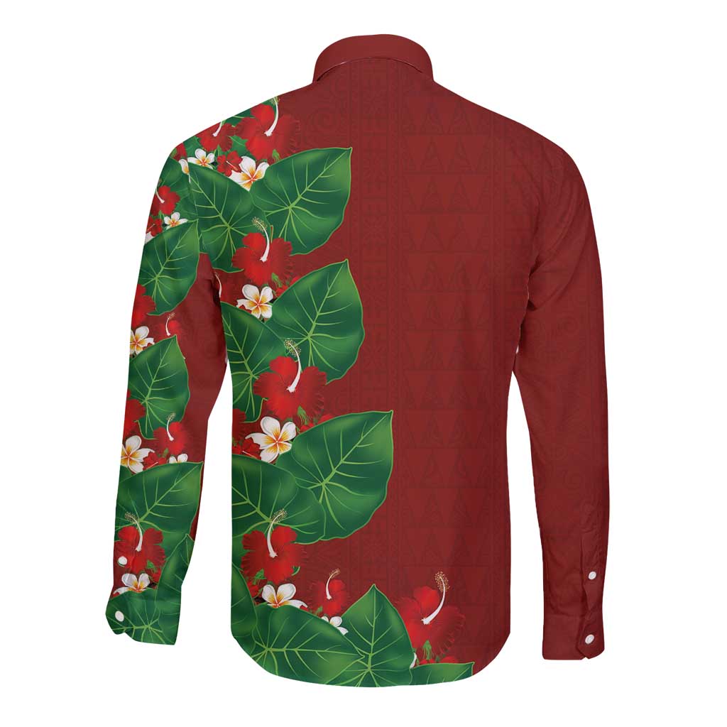 Hawaiian Taro Leaves-Hibiscus and Plumeria Long Sleeve Button Shirt Polynesian Art-Kakau Tattoo Red LT03 - Polynesian Pride