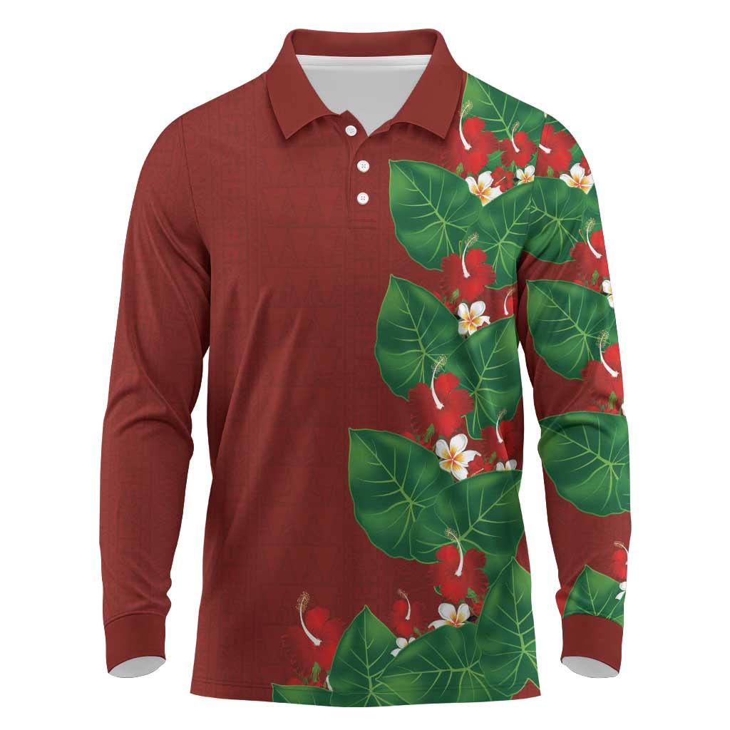 Hawaiian Taro Leaves-Hibiscus and Plumeria Long Sleeve Polo Shirt Polynesian Art-Kakau Tattoo Red LT03 Red - Polynesian Pride