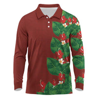Hawaiian Taro Leaves-Hibiscus and Plumeria Long Sleeve Polo Shirt Polynesian Art-Kakau Tattoo Red LT03 Red - Polynesian Pride