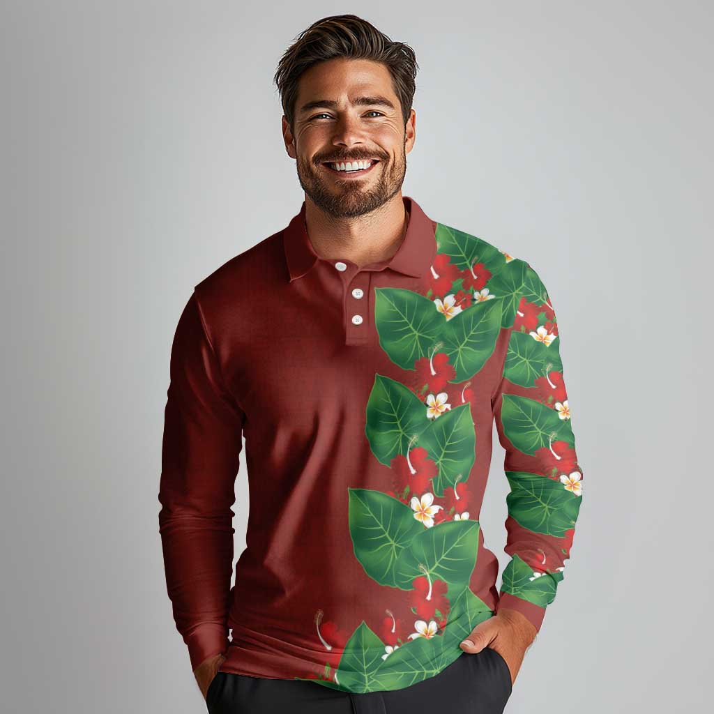 Hawaiian Taro Leaves-Hibiscus and Plumeria Long Sleeve Polo Shirt Polynesian Art-Kakau Tattoo Red LT03 - Polynesian Pride