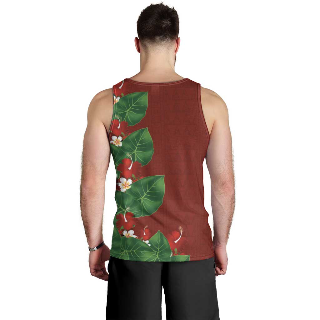 Hawaiian Taro Leaves-Hibiscus and Plumeria Men Tank Top Polynesian Art-Kakau Tattoo Red LT03 - Polynesian Pride