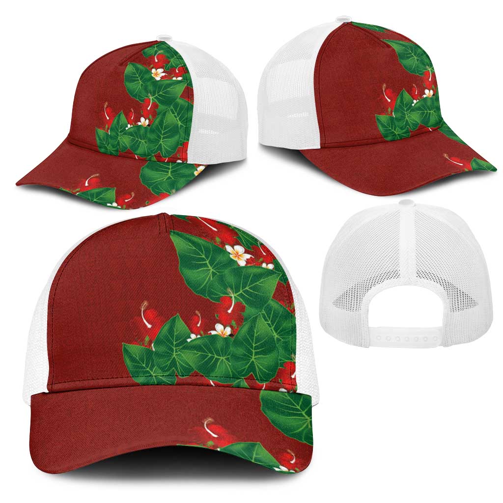 Hawaiian Taro Leaves-Hibiscus and Plumeria Mesh Trucker Cap Polynesian Art-Kakau Tattoo Red LT03 - Polynesian Pride