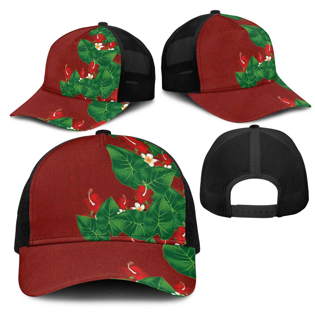 Hawaiian Taro Leaves-Hibiscus and Plumeria Mesh Trucker Cap Polynesian Art-Kakau Tattoo Red LT03 - Polynesian Pride