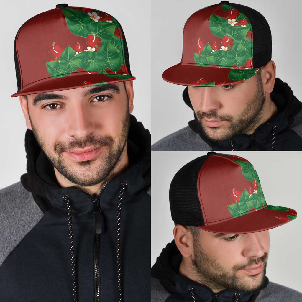 Hawaiian Taro Leaves-Hibiscus and Plumeria Mesh Trucker Cap Polynesian Art-Kakau Tattoo Red LT03 - Polynesian Pride