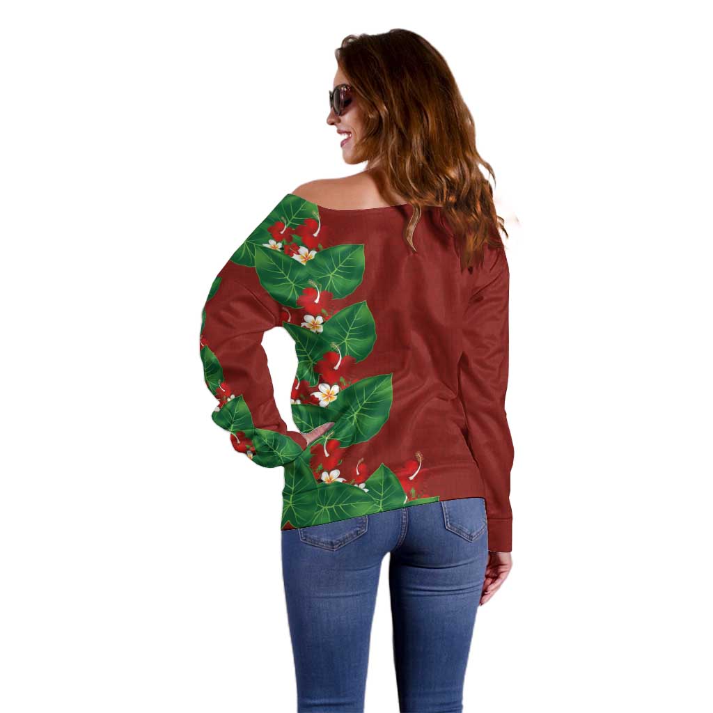 Hawaiian Taro Leaves-Hibiscus and Plumeria Off Shoulder Sweater Polynesian Art-Kakau Tattoo Red LT03 - Polynesian Pride