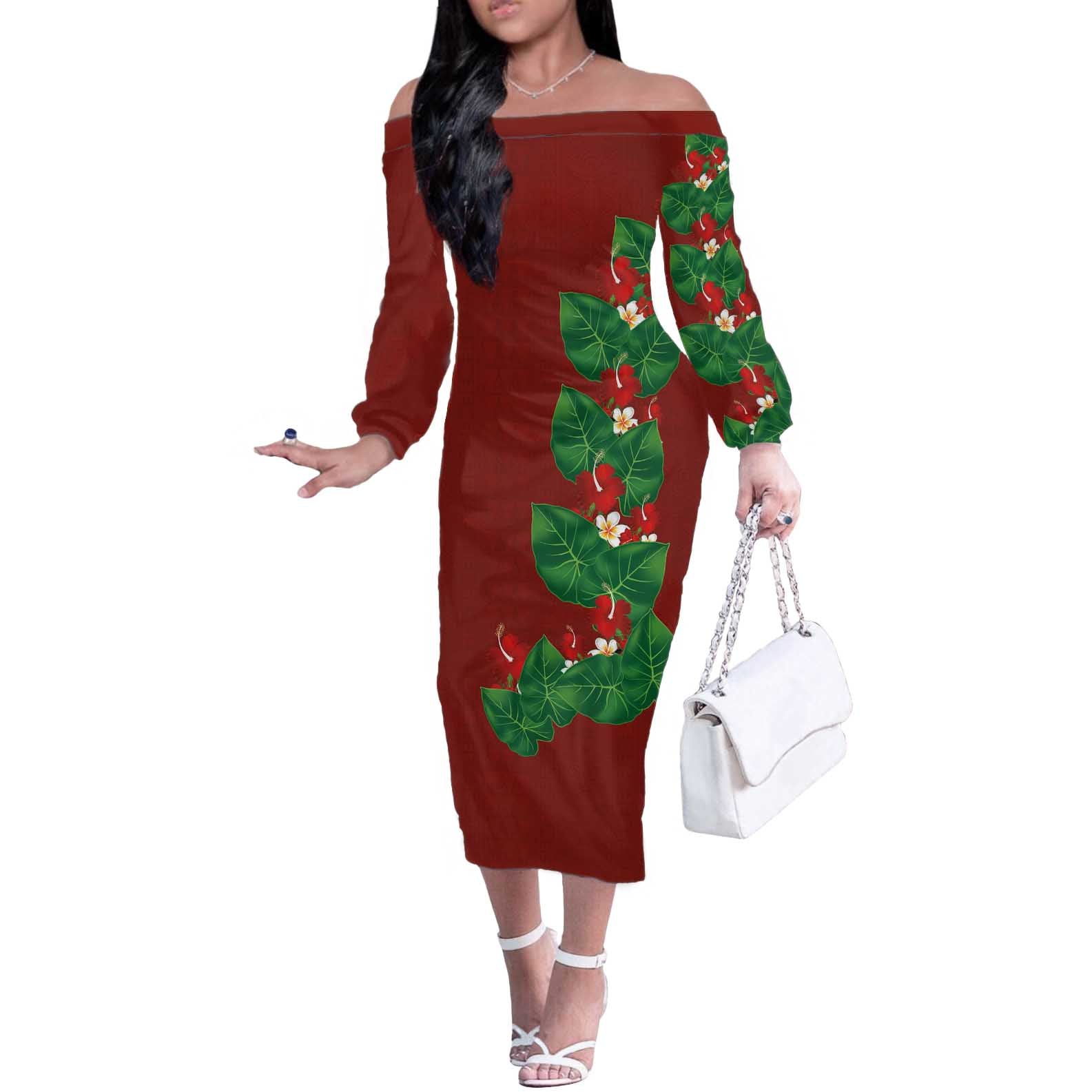 Hawaiian Taro Leaves-Hibiscus and Plumeria Off The Shoulder Long Sleeve Dress Polynesian Art-Kakau Tattoo Red