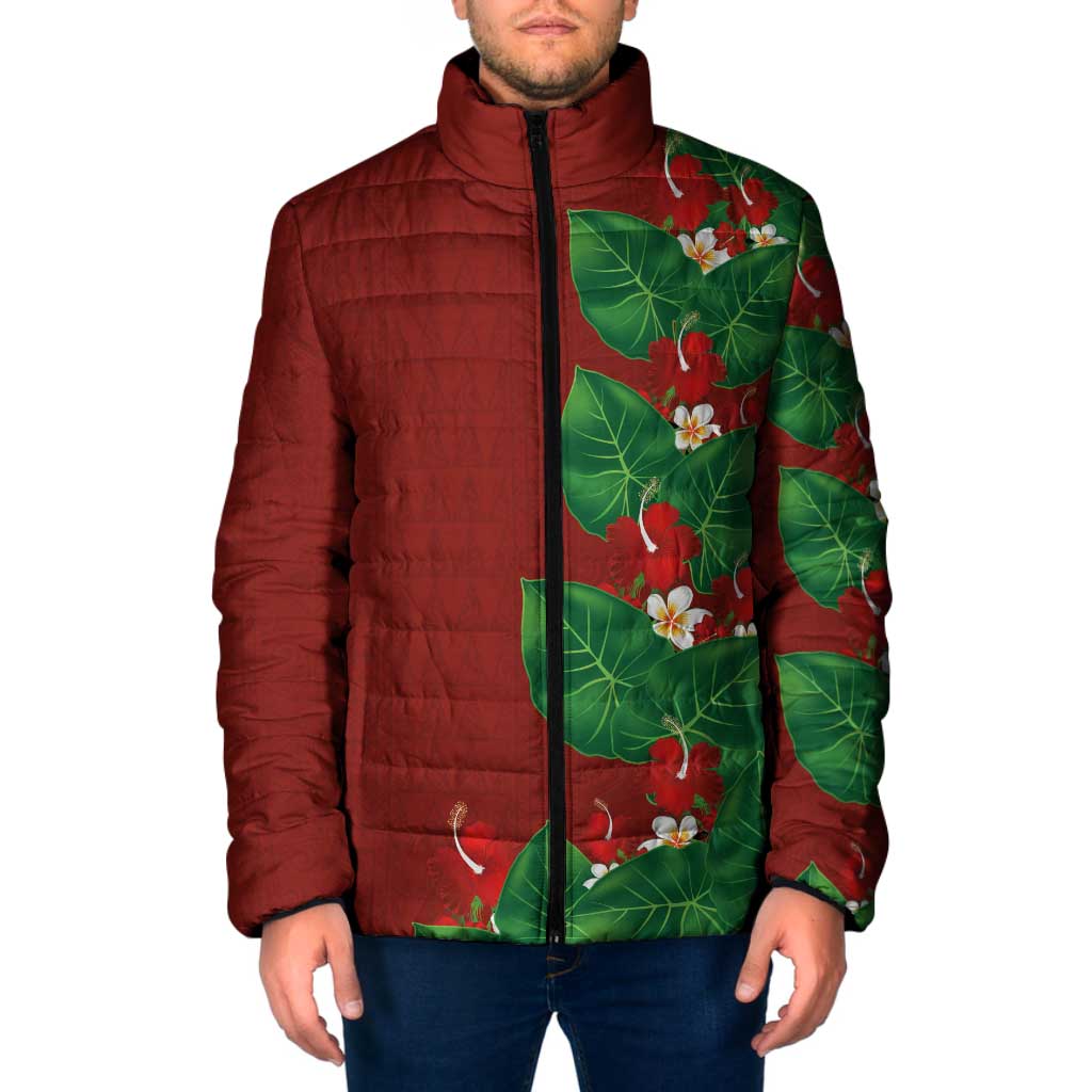 Hawaiian Taro Leaves-Hibiscus and Plumeria Padded Jacket Polynesian Art-Kakau Tattoo Red LT03 Men Red - Polynesian Pride