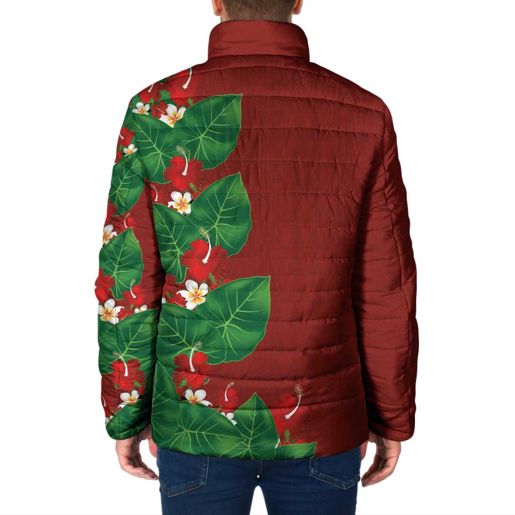 Hawaiian Taro Leaves-Hibiscus and Plumeria Padded Jacket Polynesian Art-Kakau Tattoo Red LT03 - Polynesian Pride