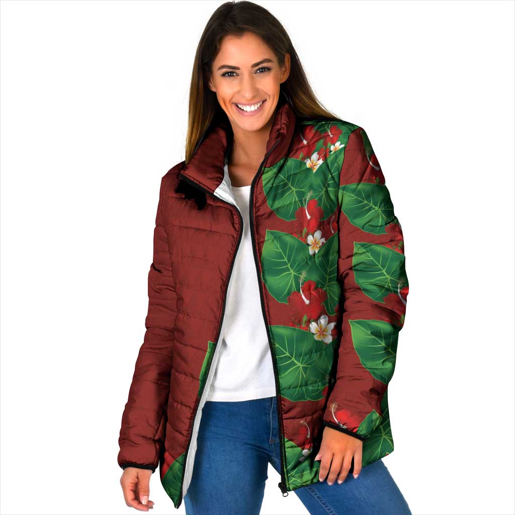 Hawaiian Taro Leaves-Hibiscus and Plumeria Padded Jacket Polynesian Art-Kakau Tattoo Red LT03 Women Red - Polynesian Pride