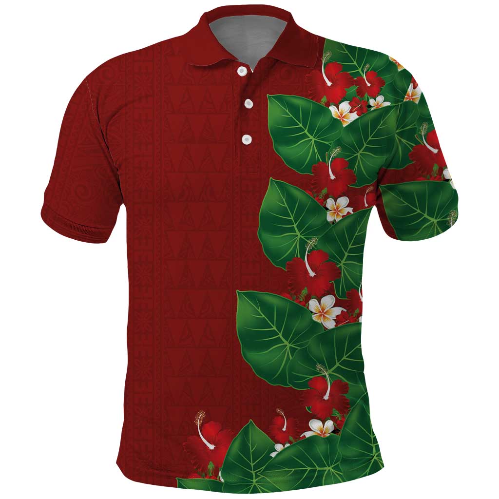Hawaiian Taro Leaves-Hibiscus and Plumeria Polo Shirt Polynesian Art-Kakau Tattoo Red LT03 Red - Polynesian Pride
