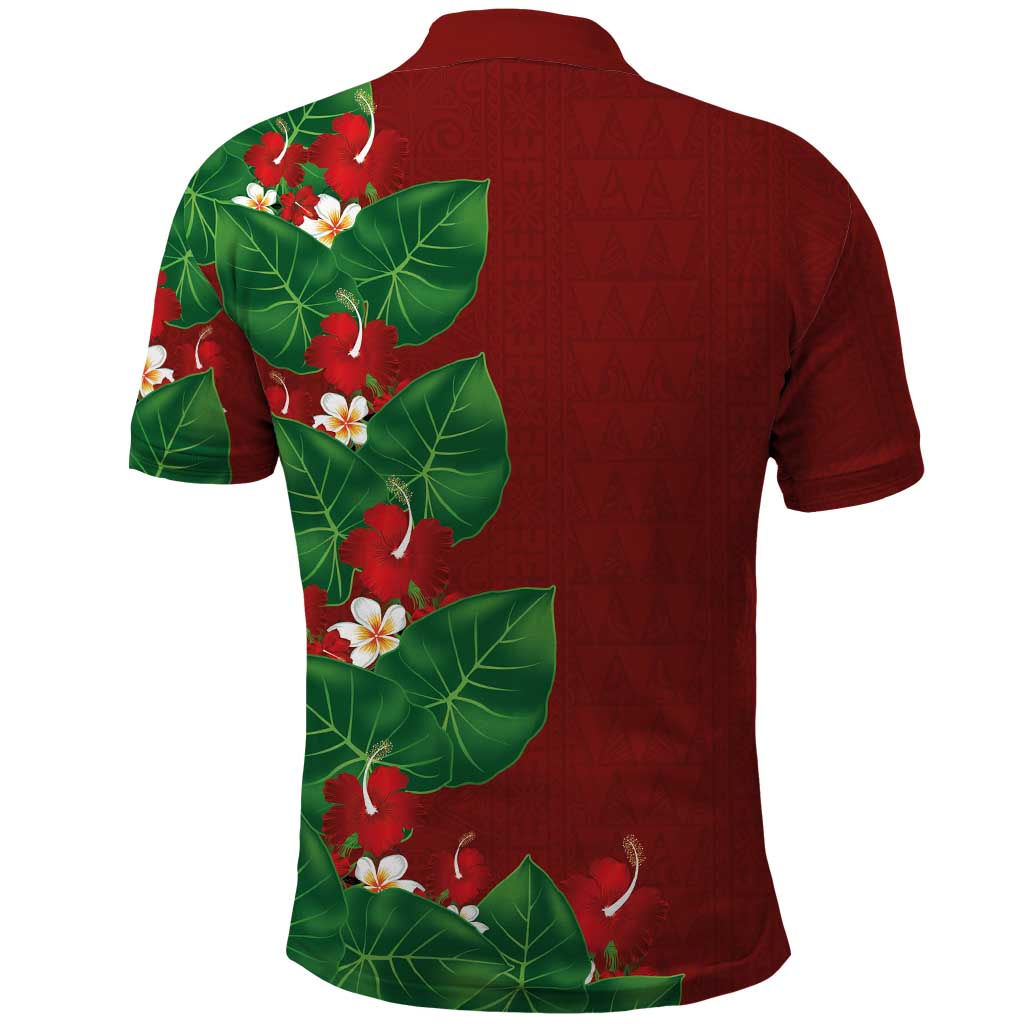 Hawaiian Taro Leaves-Hibiscus and Plumeria Polo Shirt Polynesian Art-Kakau Tattoo Red LT03 - Polynesian Pride