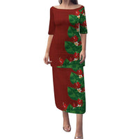 Hawaiian Taro Leaves-Hibiscus and Plumeria Puletasi Polynesian Art-Kakau Tattoo Red LT03 Long Dress Red - Polynesian Pride