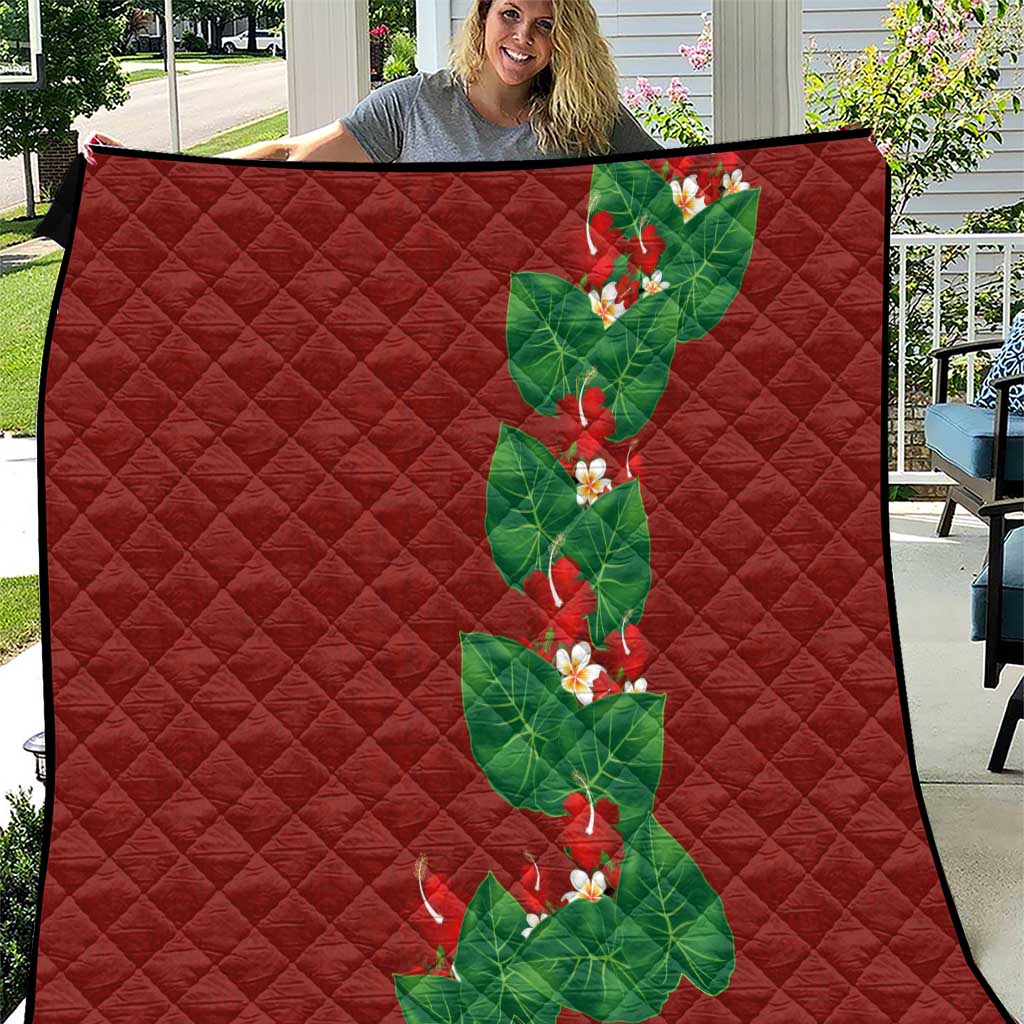 Hawaiian Taro Leaves-Hibiscus and Plumeria Quilt Polynesian Art-Kakau Tattoo Red LT03 Red - Polynesian Pride