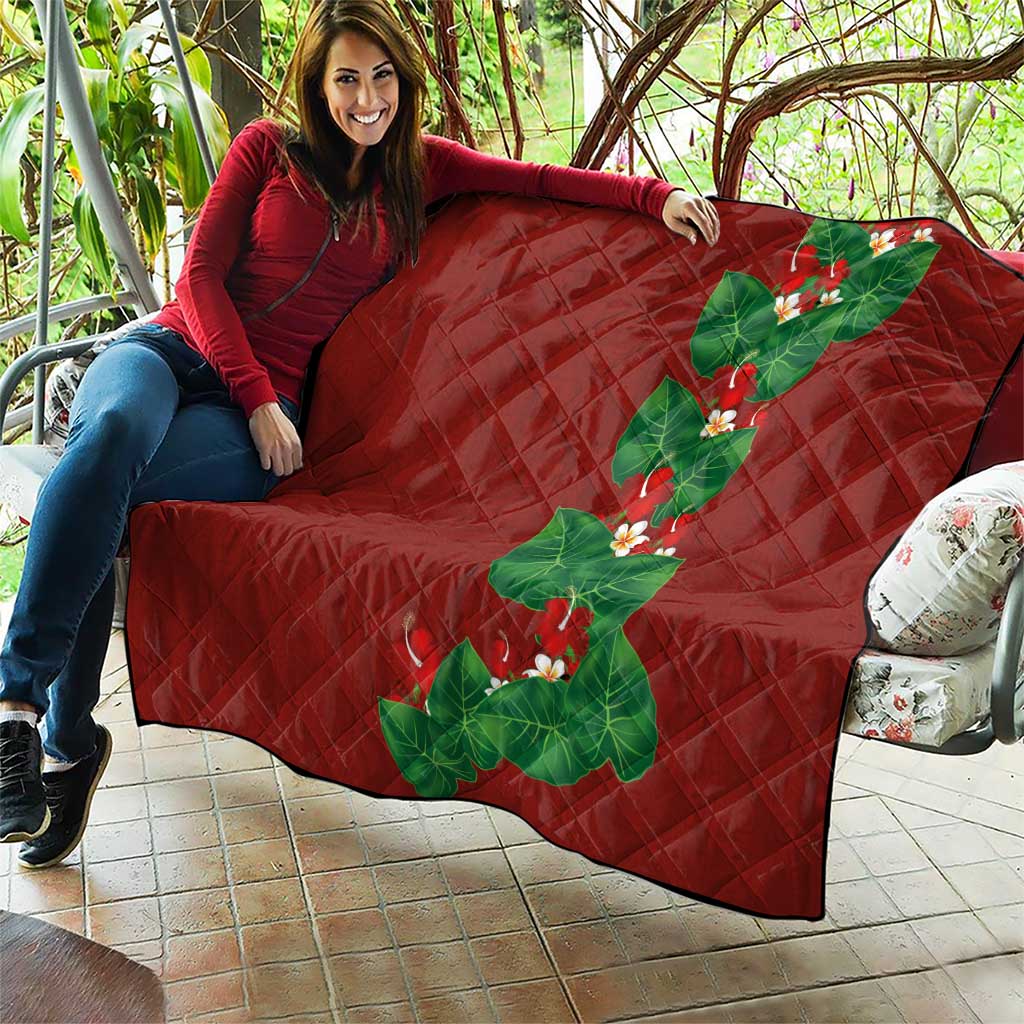 Hawaiian Taro Leaves-Hibiscus and Plumeria Quilt Polynesian Art-Kakau Tattoo Red LT03 - Polynesian Pride