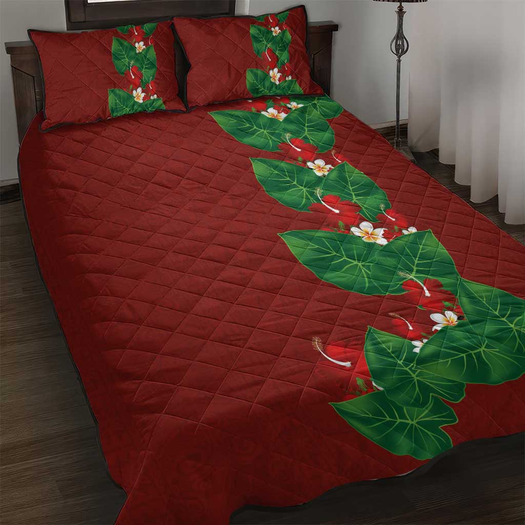 Hawaiian Taro Leaves-Hibiscus and Plumeria Quilt Bed Set Polynesian Art-Kakau Tattoo Red LT03 Red - Polynesian Pride