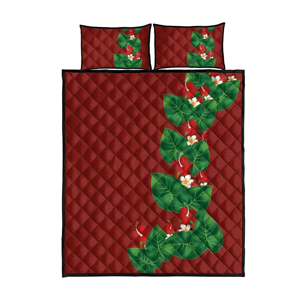 Hawaiian Taro Leaves-Hibiscus and Plumeria Quilt Bed Set Polynesian Art-Kakau Tattoo Red LT03 - Polynesian Pride