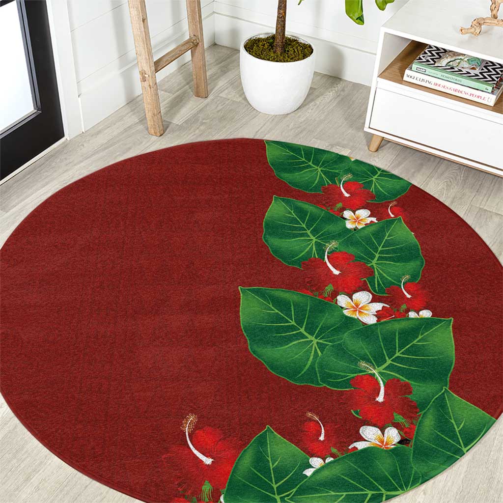 Hawaiian Taro Leaves-Hibiscus and Plumeria Round Carpet Polynesian Art-Kakau Tattoo Red LT03 Red - Polynesian Pride