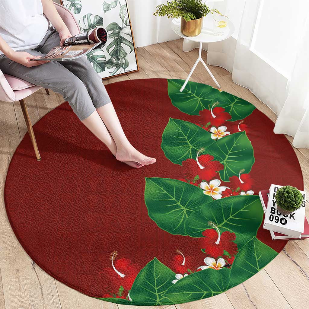 Hawaiian Taro Leaves-Hibiscus and Plumeria Round Carpet Polynesian Art-Kakau Tattoo Red LT03 - Polynesian Pride