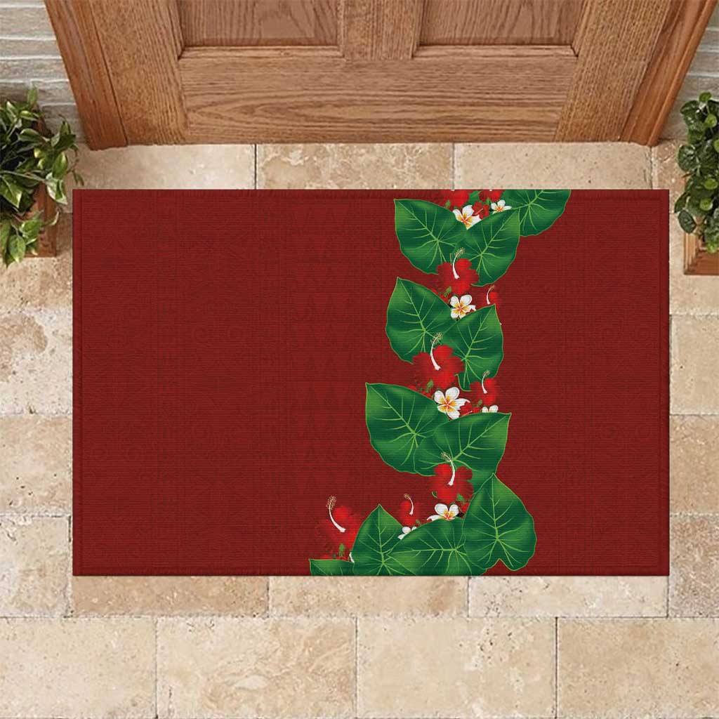 Hawaiian Taro Leaves-Hibiscus and Plumeria Rubber Doormat Polynesian Art-Kakau Tattoo Red LT03 Red - Polynesian Pride