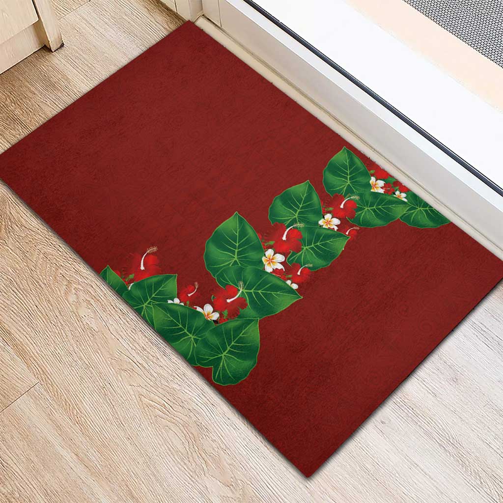 Hawaiian Taro Leaves-Hibiscus and Plumeria Rubber Doormat Polynesian Art-Kakau Tattoo Red LT03 - Polynesian Pride