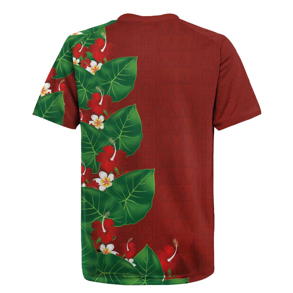 Hawaiian Taro Leaves-Hibiscus and Plumeria Rugby Jersey Polynesian Art-Kakau Tattoo Red LT03 - Polynesian Pride