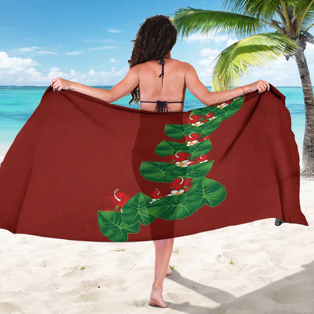 Hawaiian Taro Leaves-Hibiscus and Plumeria Sarong Polynesian Art-Kakau Tattoo Red LT03 - Polynesian Pride