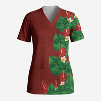 Hawaiian Taro Leaves-Hibiscus and Plumeria Scrub Top Polynesian Art-Kakau Tattoo Red LT03 Adult Red - Polynesian Pride