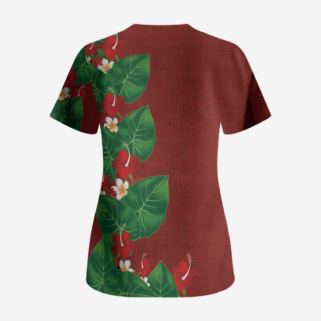 Hawaiian Taro Leaves-Hibiscus and Plumeria Scrub Top Polynesian Art-Kakau Tattoo Red LT03 - Polynesian Pride