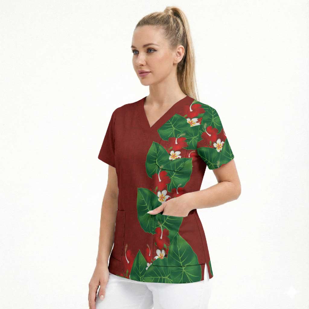 Hawaiian Taro Leaves-Hibiscus and Plumeria Scrub Top Polynesian Art-Kakau Tattoo Red LT03 - Polynesian Pride