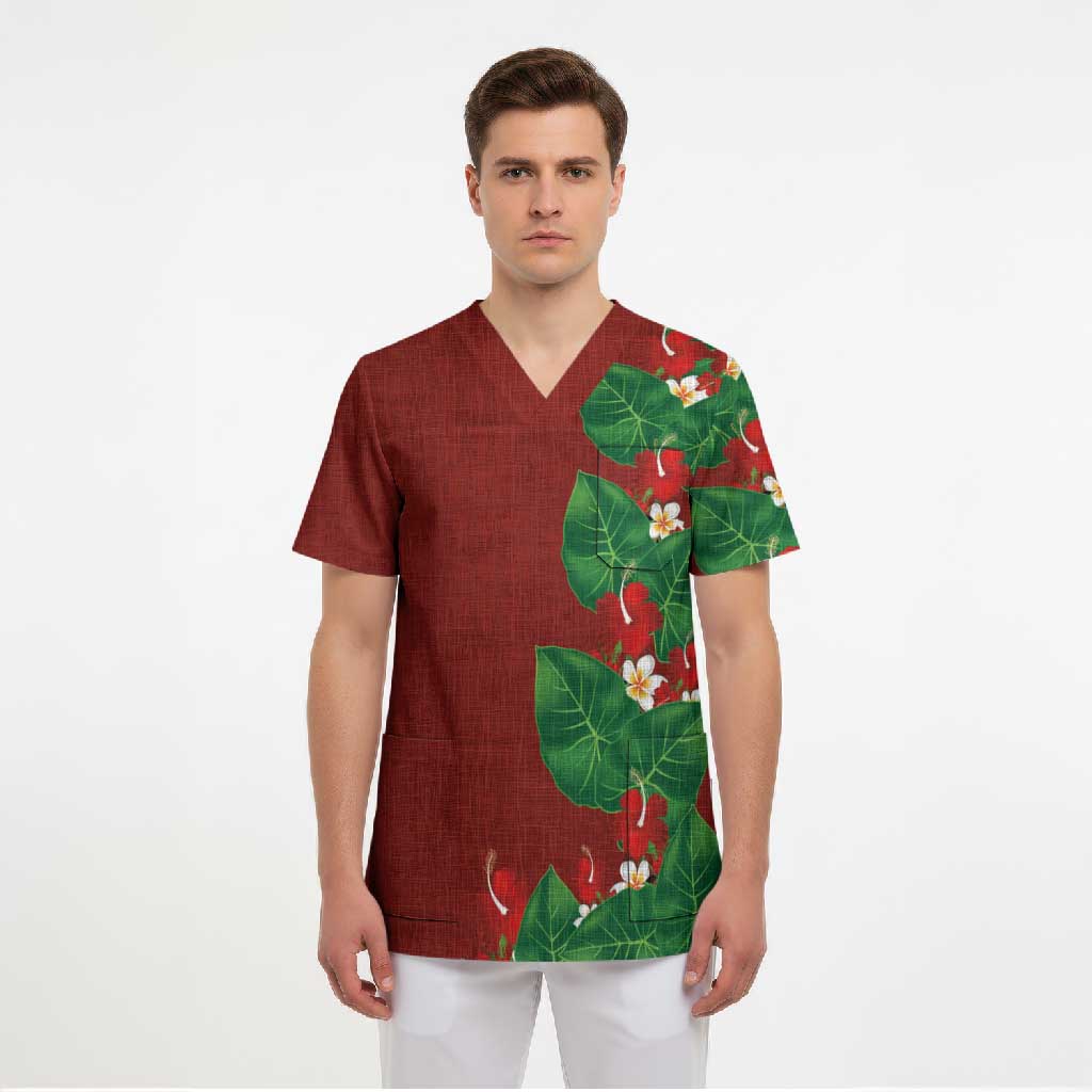 Hawaiian Taro Leaves-Hibiscus and Plumeria Scrub Top Polynesian Art-Kakau Tattoo Red LT03 - Polynesian Pride