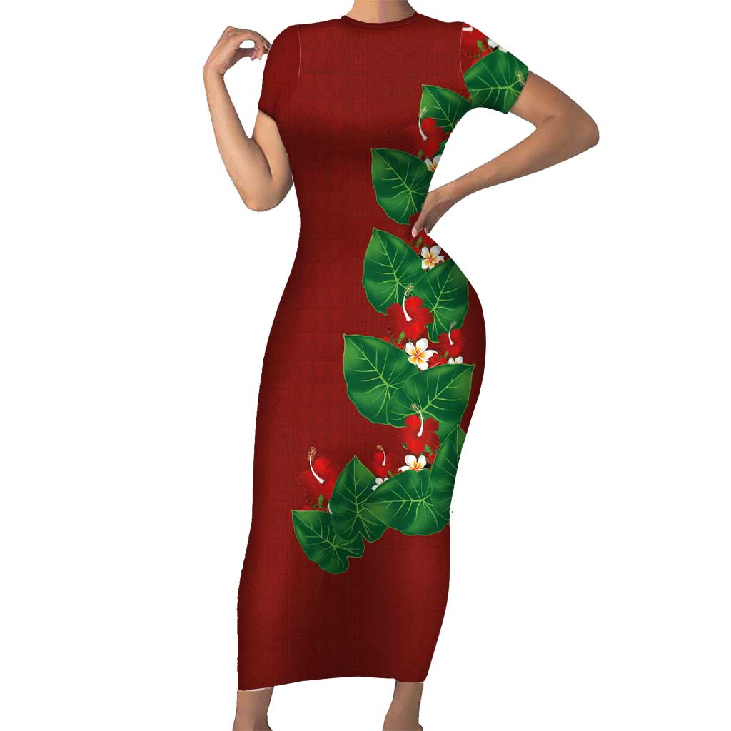 Hawaiian Taro Leaves-Hibiscus and Plumeria Short Sleeve Bodycon Dress Polynesian Art-Kakau Tattoo Red LT03 Long Dress Red - Polynesian Pride