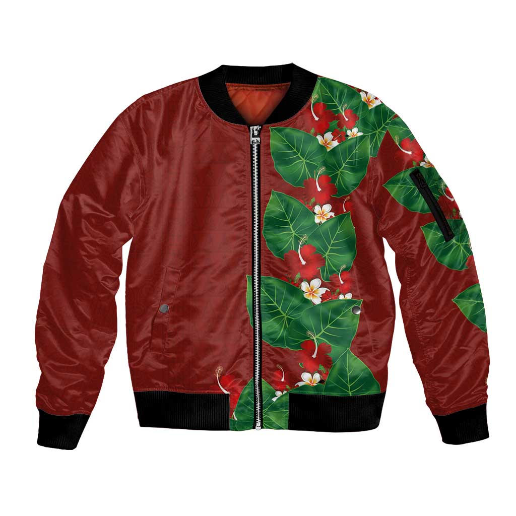 Hawaiian Taro Leaves-Hibiscus and Plumeria Sleeve Zip Bomber Jacket Polynesian Art-Kakau Tattoo Red LT03 Unisex Red - Polynesian Pride