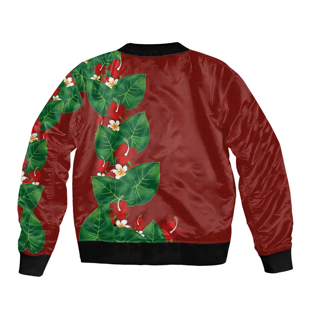 Hawaiian Taro Leaves-Hibiscus and Plumeria Sleeve Zip Bomber Jacket Polynesian Art-Kakau Tattoo Red LT03 - Polynesian Pride