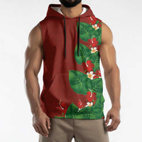 Hawaiian Taro Leaves-Hibiscus and Plumeria Sleeveless Hoodie Polynesian Art-Kakau Tattoo Red LT03 - Polynesian Pride