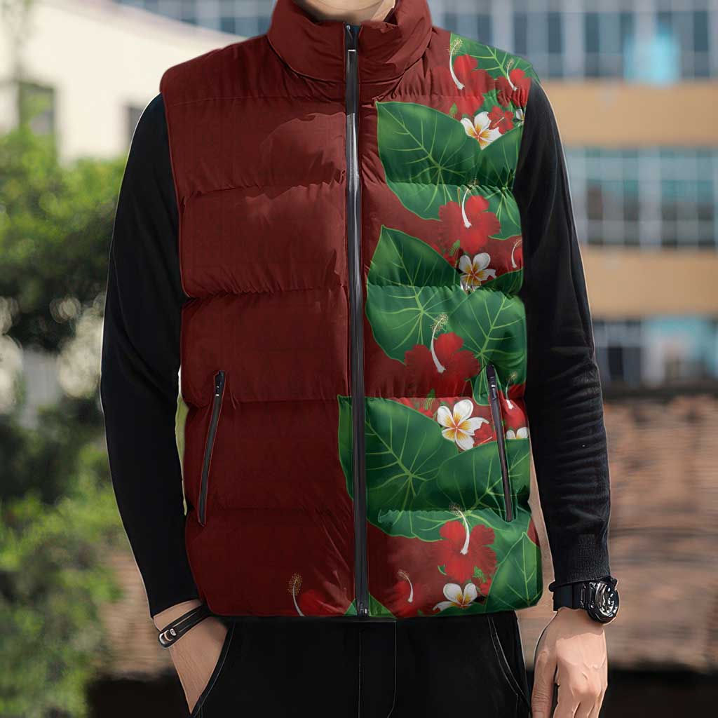 Hawaiian Taro Leaves-Hibiscus and Plumeria Sleeveless Puffer Jacket Polynesian Art-Kakau Tattoo Red LT03 - Polynesian Pride