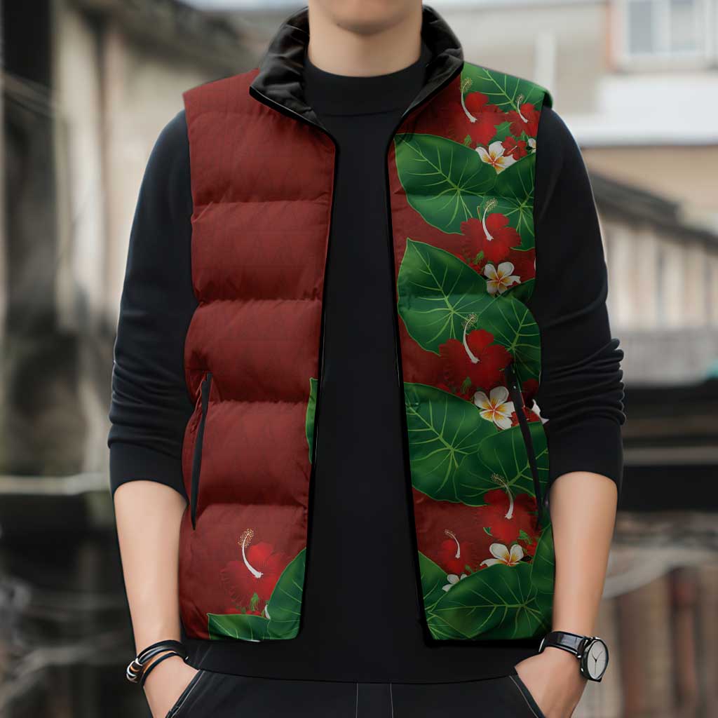 Hawaiian Taro Leaves-Hibiscus and Plumeria Sleeveless Puffer Jacket Polynesian Art-Kakau Tattoo Red LT03 - Polynesian Pride
