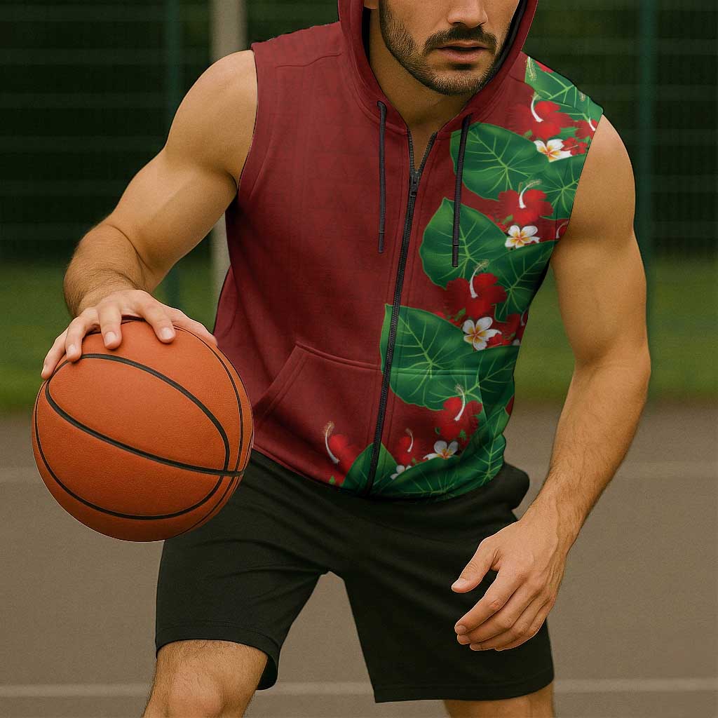 Hawaiian Taro Leaves-Hibiscus and Plumeria Sleeveless Zip Hoodie Polynesian Art-Kakau Tattoo Red LT03 - Polynesian Pride