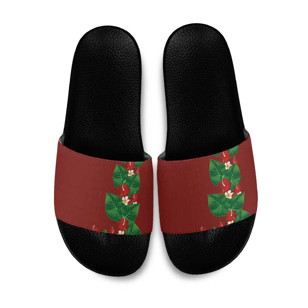 Hawaiian Taro Leaves-Hibiscus and Plumeria Slide Sandals Polynesian Art-Kakau Tattoo Red