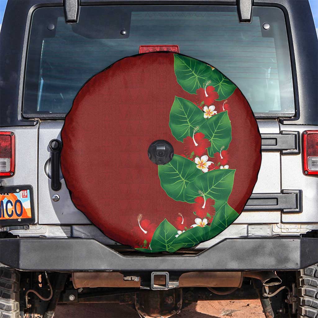 Hawaiian Taro Leaves-Hibiscus and Plumeria Spare Tire Cover Polynesian Art-Kakau Tattoo Red LT03 Red - Polynesian Pride