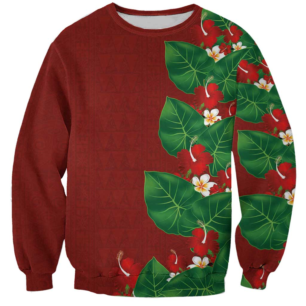 Hawaiian Taro Leaves-Hibiscus and Plumeria Sweatshirt Polynesian Art-Kakau Tattoo Red LT03 Unisex Red - Polynesian Pride