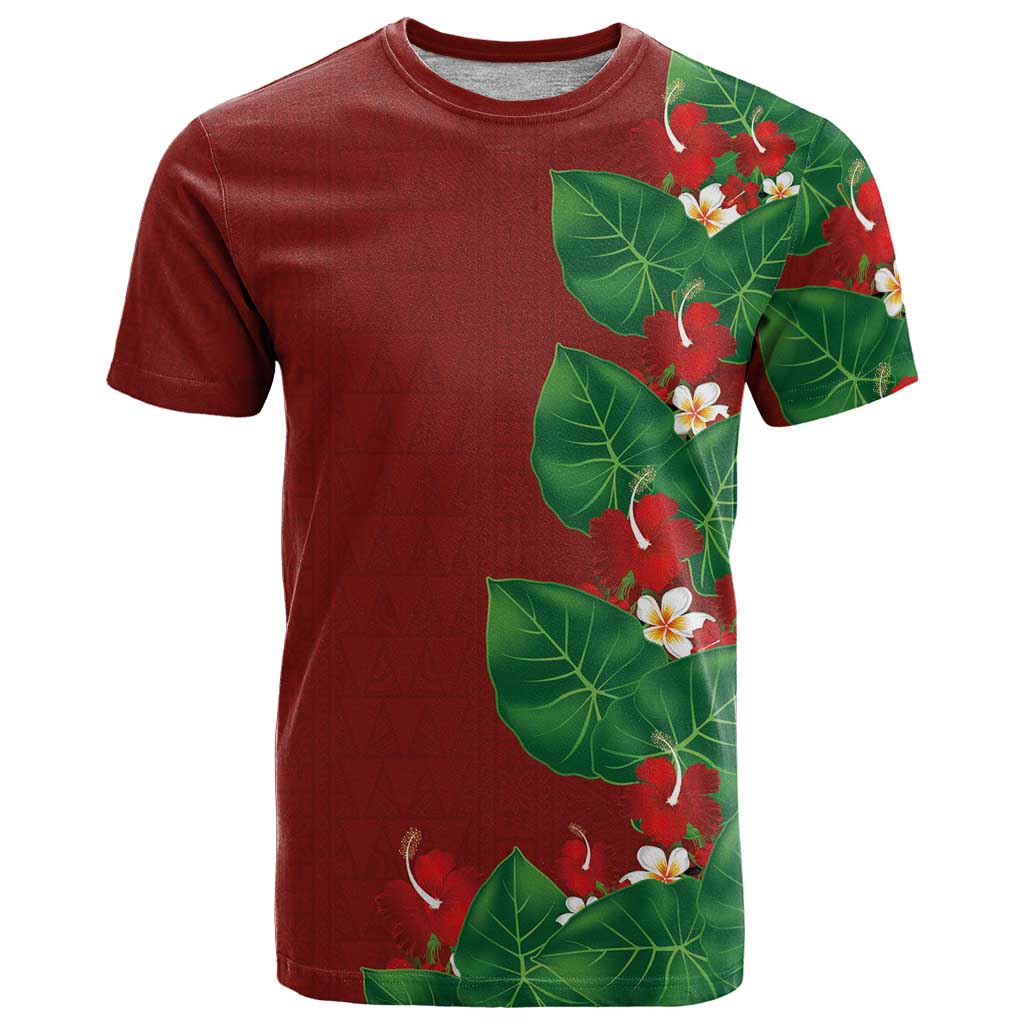 Hawaiian Taro Leaves-Hibiscus and Plumeria T Shirt Polynesian Art-Kakau Tattoo Red LT03 Red - Polynesian Pride