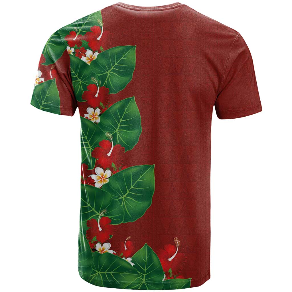 Hawaiian Taro Leaves-Hibiscus and Plumeria T Shirt Polynesian Art-Kakau Tattoo Red LT03 - Polynesian Pride