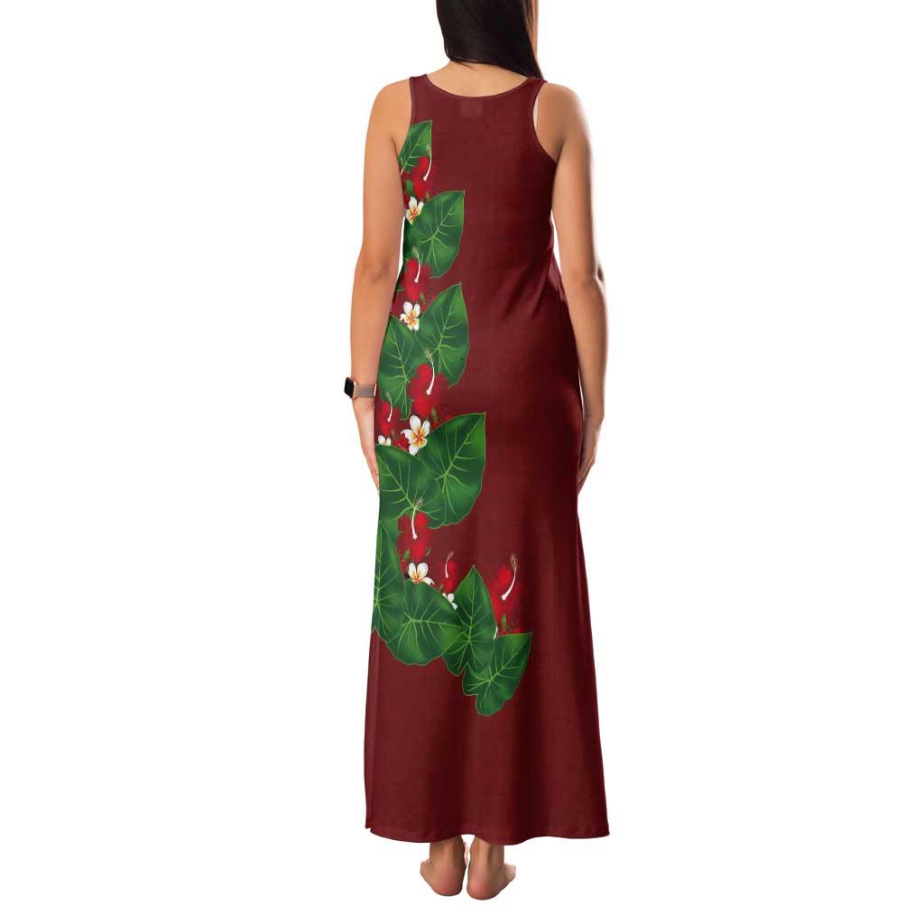 Hawaiian Taro Leaves-Hibiscus and Plumeria Tank Maxi Dress Polynesian Art-Kakau Tattoo Red LT03 - Polynesian Pride