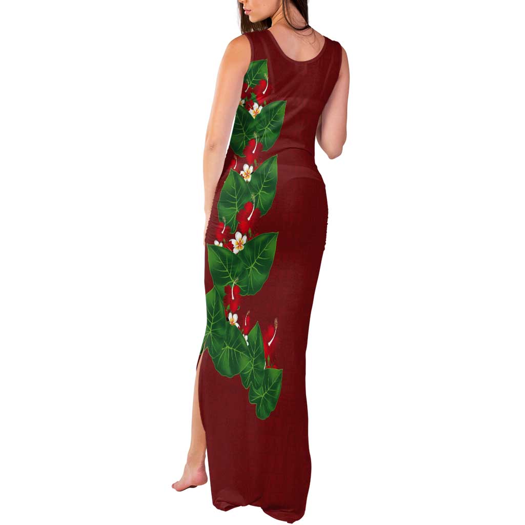 Hawaiian Taro Leaves-Hibiscus and Plumeria Tank Maxi Dress Polynesian Art-Kakau Tattoo Red LT03 - Polynesian Pride